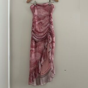 Mauve Blush Ruched Strapless Skirt Ruffle High Slit Midi Dress Sz XS